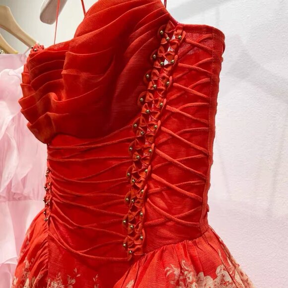 Zimmermann Red Mini Dress Floral Jacquard Fit Flare Size 1 (US 4 - Picture 7 of 8